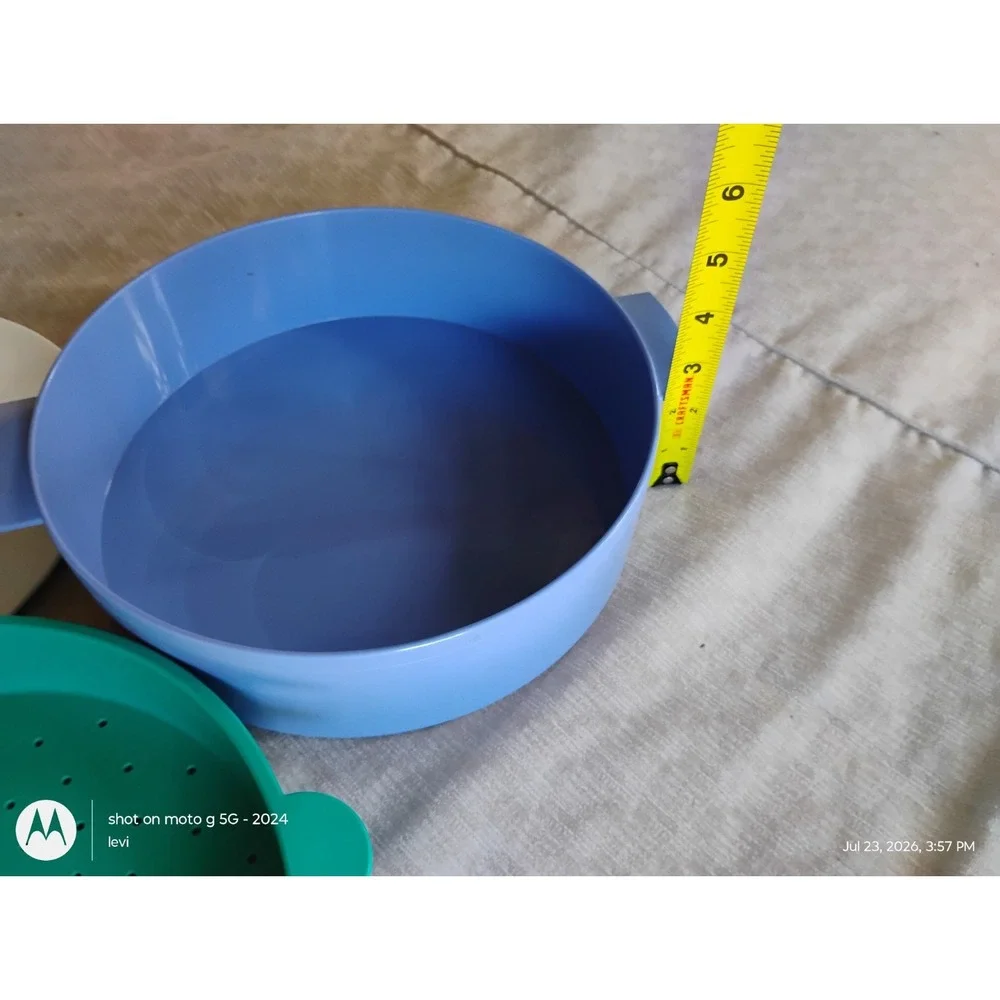 Tupperware Microwave Steamer 3-Piece Set 11in Blue White Green Plastic